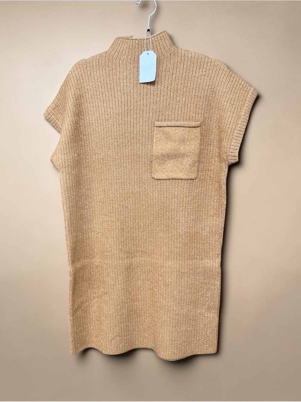 Sleeveless Ribbed Pocket Sweater Dress in Camel